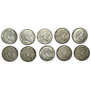 DEUTSCHLAND - Satz von 10 Stück von 2 Mark (1937-1939) verschiedene Münzen