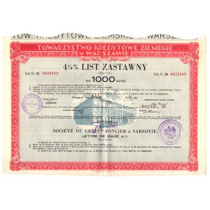 Towarzystwo Kredytowe Ziemskie w Warszawie - 4,5% list zastawny serii 5-tej na 1.000 złotych 1939