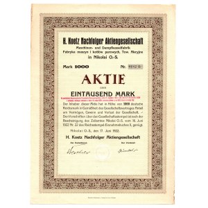 H. Koetz - Dampfmaschinen- und Kesselfabrik, Aktiengesellschaft - 1000 Mark 1922