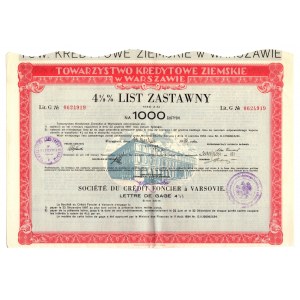 Towarzystwo Kredytowe Ziemskie in Warsaw - 4.5% mortgage bond series 5 for 1,000 zlotys 1939