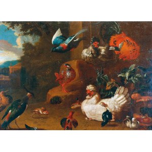 Malarz nieokreślony, XVIII w., według: Melchiora de HONDECOETERA (1636-1695), Podwórze dworskie z ptactwem