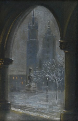Soter JAXA MAŁACHOWSKI (1867-1952), Widok na Kościół Mariacki spod arkad Sukiennic