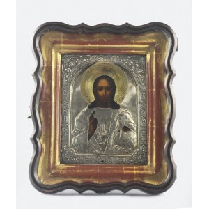 Piotr Iwanowicz IWANOW (złotnik czynny od 1858), Ikona - Chrystus Pantokrator, w srebrnym okładzie i kiocie
