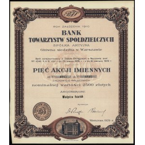 Polska, 5 akcji po 500 złotych = 2.500 złotych, 1929, Warszawa