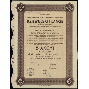 Polen, 5 Aktien zu je 250 Zloty = 1.250 Zloty, 1937, Warschau