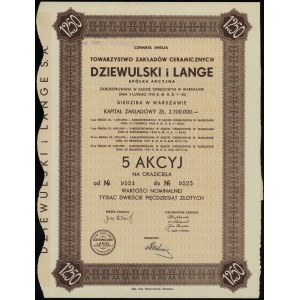 Poland, 5 shares at 250 zloty = 1,250 zloty, 1937, Warsaw