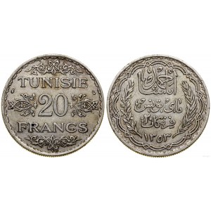 Tunisia, 20 francs, 1934 (AH 1353), Paris