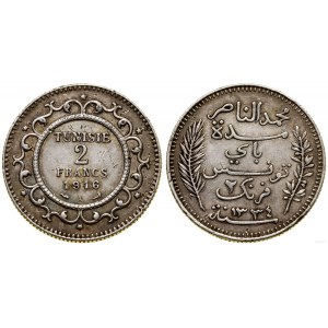 Tunisia, 2 francs, 1916 A (AH 1335), Paris