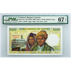Comoros, 5000 Francs 1984, PMG - Superb Gem Unc 67 EPQ