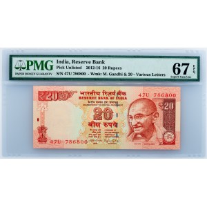 India, 20 Rupees 2012-2016, PMG - Superb Gem Unc 67 EPQ