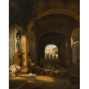 ANONYMOUS (XIX Century): Shepherds with herds under an arcade