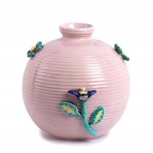 LA FIAMMA - ITALY: Pink painted ceramic vase with applications of aquamarine and blue roses, 1939