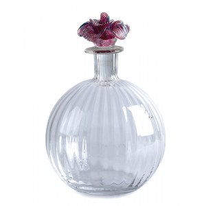 CARLO MORETTI - MURANO: Perfume bottle with violet-shaped cap with colored inclusions, '900