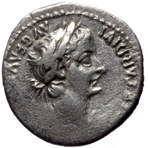 Tiberius (14-37). AR, Denarius. (Silver, 3.52 g. 18 mm.) Lugdunum (Lyon). Tribute Penny type, 18-35 AD.