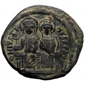 Justin II and Sophia, AE, Follis. (Bronze, 16.87 g. 30 mm) Constantinople. 565-578 AD.