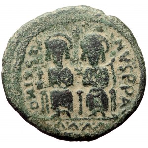 Justin II and Sophia, AE, Half Follis. (Bronze, 12.45 g. 30 mm.) Cyzicus. 565-578 AD.