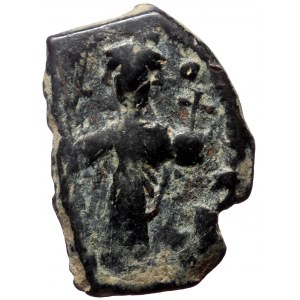 Arab-Byzantine, Umayyad Caliphate. Standing figure type. 680s-ca. 693. AE Fals (Bronze, 22mm, 4.35g) Dimashq (Damascus)