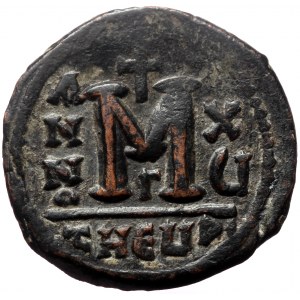 Maurice Tiberius (582-602) AE Follis (Bronze, 25mm, 11.20g) Theoupolis (Antioch) Dated RY 15 ( 596/7).
