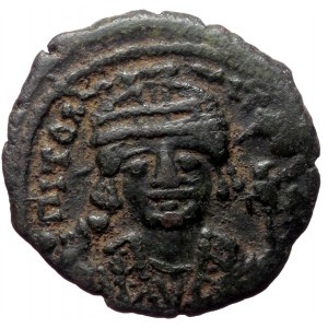 Maurice Tiberius, AE, Half follis. (Bronze, 5.06 g. 22 mm) Theoupolis (Antioch), 582-602 AD.