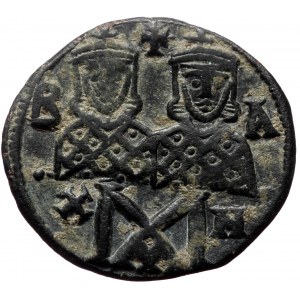 Leo IV the Khazar with Constantine VI, AE, Follis. (Bronze, 4.93 g. 24 mm.) Constantinople. 775-780 AD.