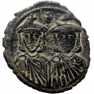 Leo IV the Khazar with Constantine VI, AE, Follis. (Bronze, 3.26 g. 12 mm.) Constantinople. 775-780 AD.