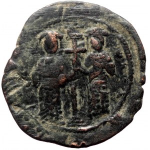 Constantine X Ducas and Eudocia AE, Follis (Bronze, 9.46 g. 31 mm.) Constantinople. 1059-1067 AD. Overstruck.
