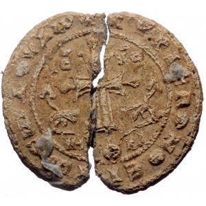 Byzantine Lead Seal (Lead, 4.65 g. 22 mm.) Constantine patrikios, imperial protospatharios and epi tou Chrysotriklinou (