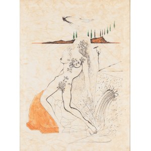 Salvador Dalí (1904 Figueres - 1989 Figueres), Nude by a fountain from Guillaume Apollinaire's 'Poemes Secrets' series, 1967.