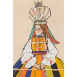 Zofia Stryjeńska (1891 Kraków - 1976 Genewa), Strój panny młodej z Łowickiego (Wieniec ślubny), plansza XI z teki 'Polish Peasants' Costumes', 1939