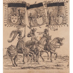 Hans Burgkmair (1473 - 1531), Fähnlein mit Fahnen der Länder nördlich der Enns, Burgau und Cilley aus dem Zyklus Triumph des Kaisers Maximilian I., 1522