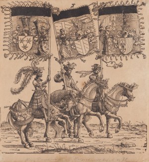 Hans Burgkmair (1473 - 1531), Chorążowie ze sztandarami ziem na północ od rzeki Enns, Burgau oraz Cilley z cyklu Triumf cesarza Maksymiliana I, 1522