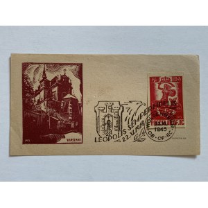 Pohľadnica. Známka na pohľadnici zdobenej drevorezom Mariána Stępieńa [1943].