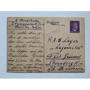 Ghetto Lodž. Neodoslaný lístok adresovaný do pracovného tábora pre Židov v Šternberku [1941].