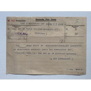 Telegram. Koncentrační tábor Osvětim [1940].