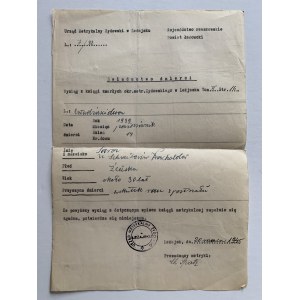 Úmrtný list. Židovský metrický úrad v Ležajsku [1945].