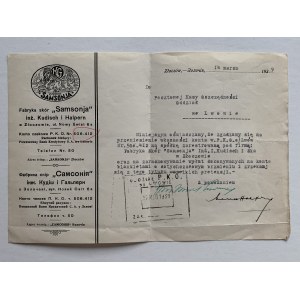Obchodní korespondence na hlavičkovém papíře židovské továrny na kůže Samsonja ve Złoczowě [1939].