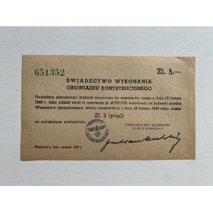 Certificate of execution of the contribution obligation. Warsaw [1943].