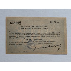 Certificate of execution of the contribution obligation. Warsaw [1944].