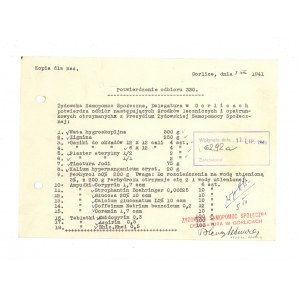 Confirmation of receipt of medicines by the Jewish Self-Help Society. Gorlice [1941].