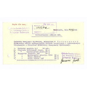 Acknowledgement of receipt by the Jewish Self-Help Society. Radoszyce [1941].