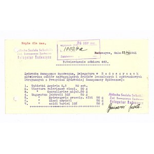 Potvrzení o přijetí od Židovské svépomocné společnosti. Radoszyce [1941].