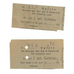 Dva poplatky pre židovskú obec v Opole Lubelskom z rituálnej porážky holuba [1931].