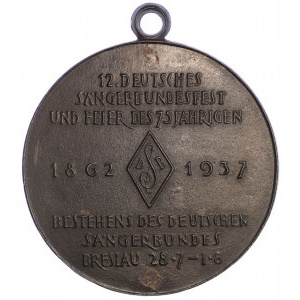 Polska, Wrocław, Medal z okazji 12 Zjazdu Niemieckiej Ligi Śpiewaków w 1937 i obchody 75 rocznicy powstania Ligi we Wrocławiu