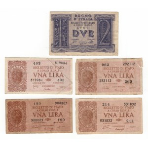 Włochy, 2 lire 1939 i 1 lira 1944 - zestaw 5 sztuk