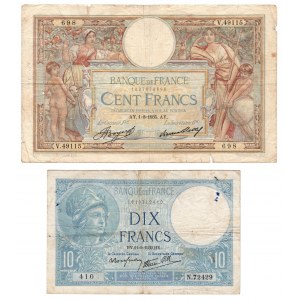 Francja, 100 francs 1935 i 10 francs 1939 - zestaw 2 sztuk