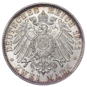 Niemcy, Bawaria, 2 marki 1911 D, 90 Urodziny Luitpolda - double die