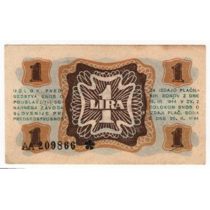 Jugoslávie 1 lira 1944 - peníze místních partyzánů ve Slovinsku