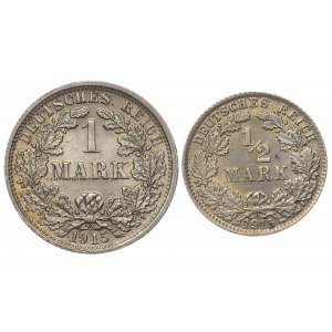 Germany, 1 mark 1915 F - 1/2 mark 1915 D - set of 2 pieces