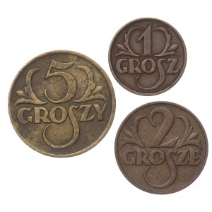 Polska, IIRP, (1 grosz 1925, 2 grosze 1933, 5 groszy 1923) - Zestaw 3 sztuk