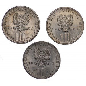 Polska, PRL, 10 złotych Bolesław Prus (1975,1977,1981) - zestaw 3 sztuk